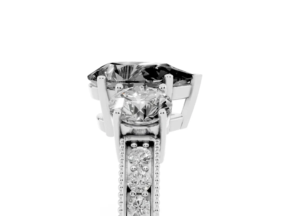 Fancy Black Pear Cut Three-Stone Diamond Ring with Pavé Band and Four-Prong Setting Platinum