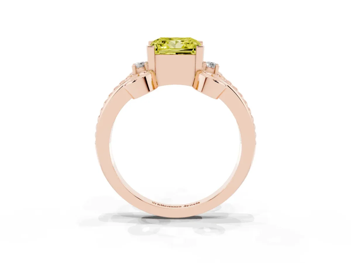 Fancy Yellow Princess Cut Solitaire Twisted Band Scroll Prong Ring Rose gold