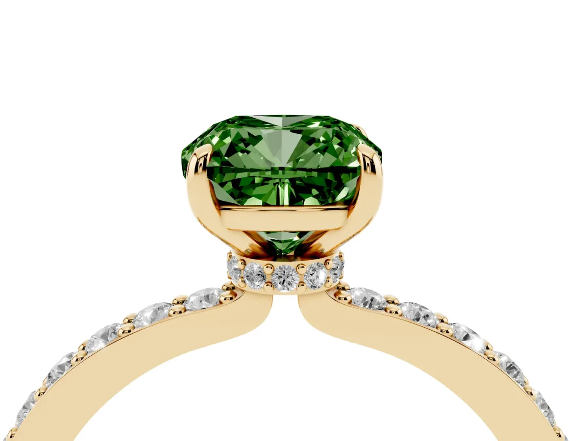 Fancy Green Cushion Cut Diamond Pavé Engagement Ring with Round Accents and Prong Setting Yellow gold