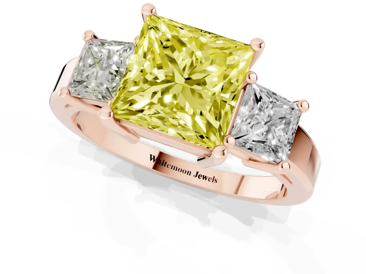 Fancy Yellow Three-Stone Princess Cut Cut Solitaire Ring with Prong Setting Rose gold