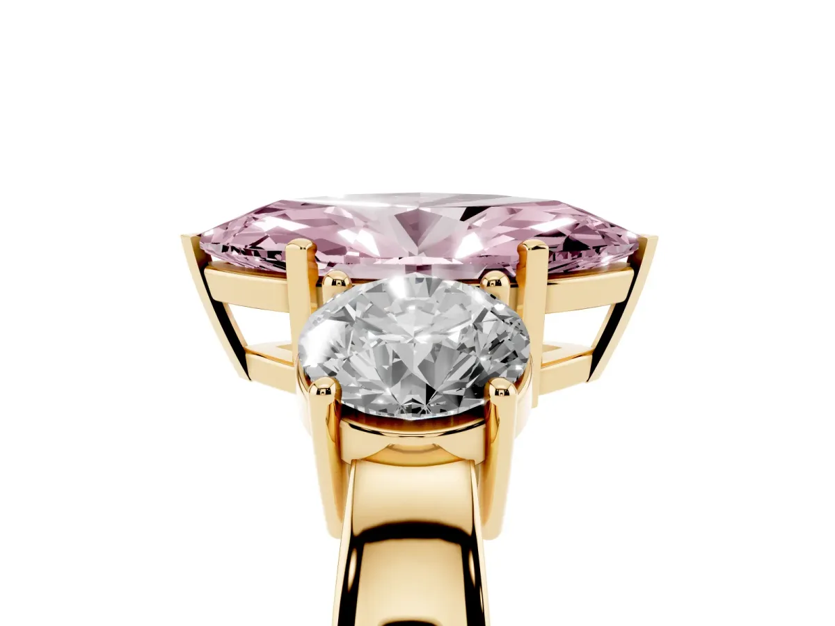 Fancy Pink Three-Stone Marquise Cut Diamond Ring with Round Side Stones, Classic Band, and Four-Prong Setting Yellow gold