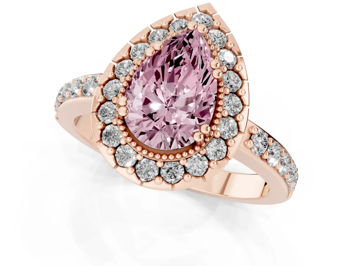 Fancy Pink Pear Cut Diamond Halo Ring with Pavé Band and Prong Setting Rose gold
