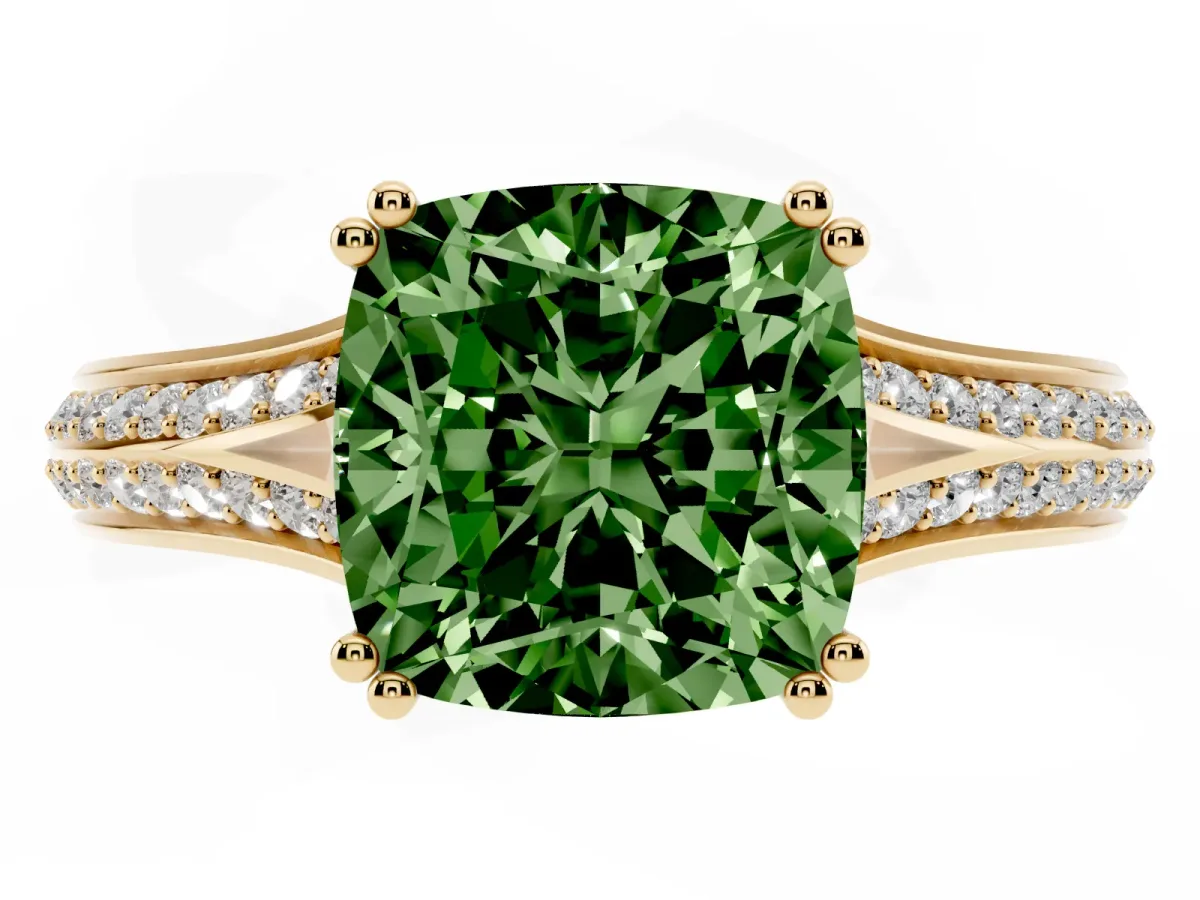 Fancy Green Cushion Cut Diamond Split Shank Engagement Ring with Pavé Band Yellow gold