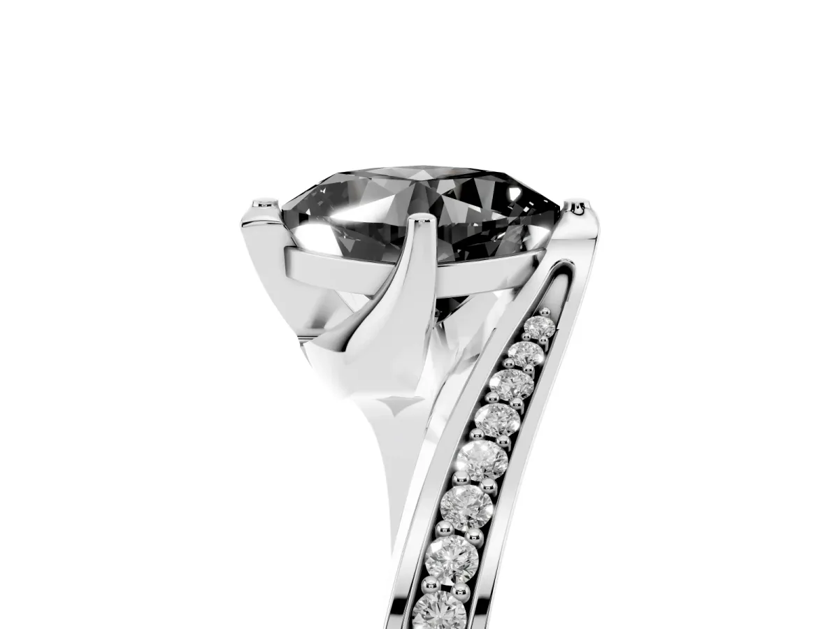 Fancy Black Cushion Cut Solitaire Diamond Twist Band with Pavé Setting and Four-Prong Setting Silver