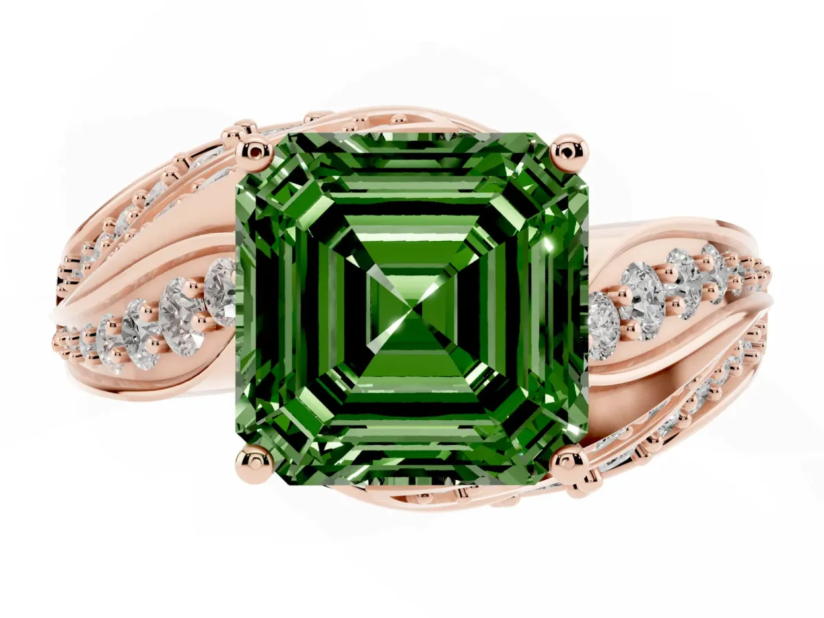 Fancy Green Asscher Cut Diamond Solitaire Ring with Prong Setting and Twisted Pavé Band Rose gold
