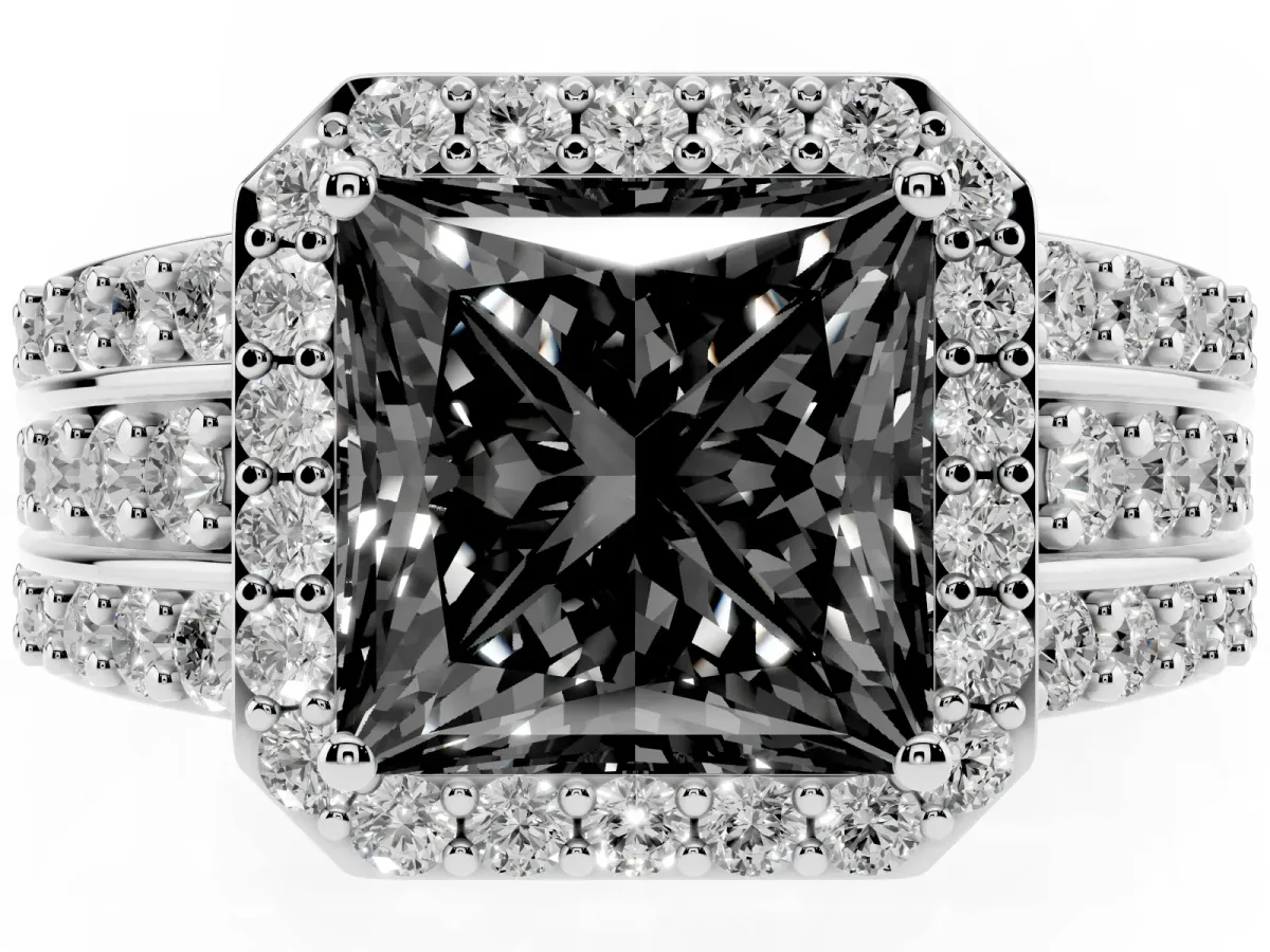Fancy Black Princess Cut Halo Diamond Ring with Round Split Shank and Prong Setting Platinum