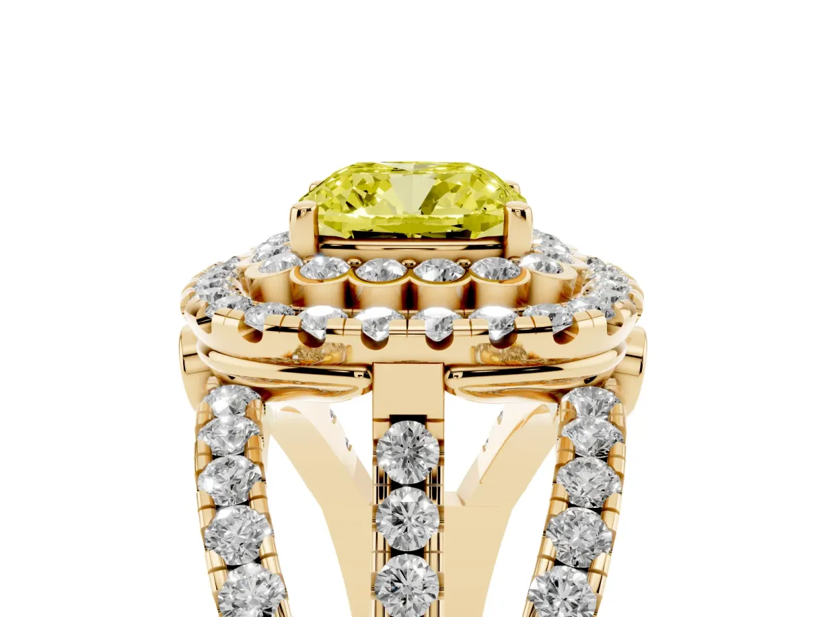Fancy Yellow Cushion Cut Diamond Double Halo Ring with Round Pavé Split Shank and Prong Setting Yellow gold