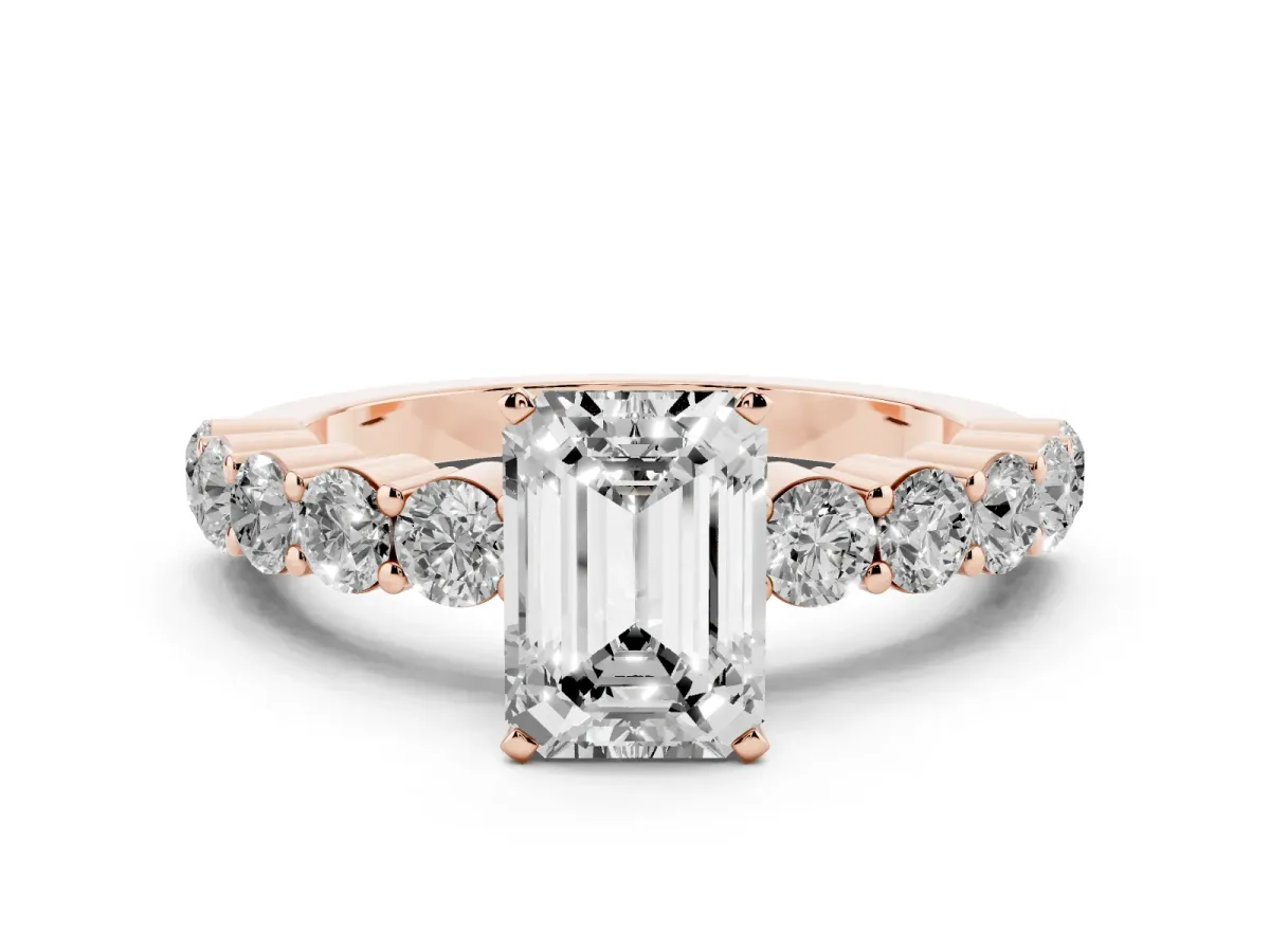 Emerald Cut Diamond Solitaire Ring with Shared Prong Round Side Stones Rose gold