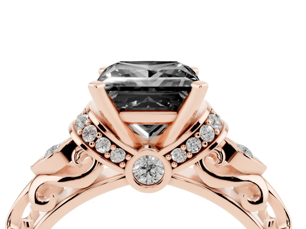 Fancy Black Princess Cut Diamond Solitaire Ring with Filigree Band and Four-Prong Setting Rose gold
