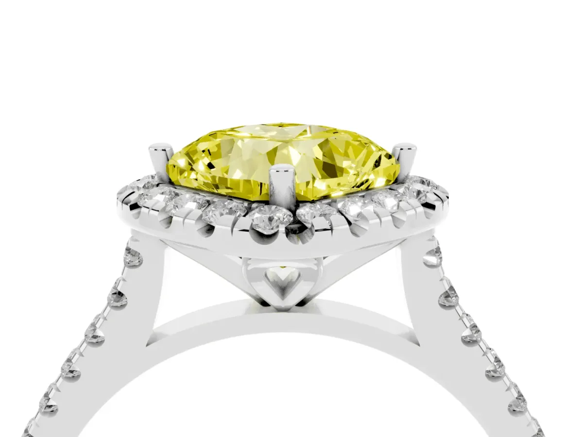 Fancy Yellow Cushion Cut Diamond Cushion Halo Ring with Pavé Band Silver