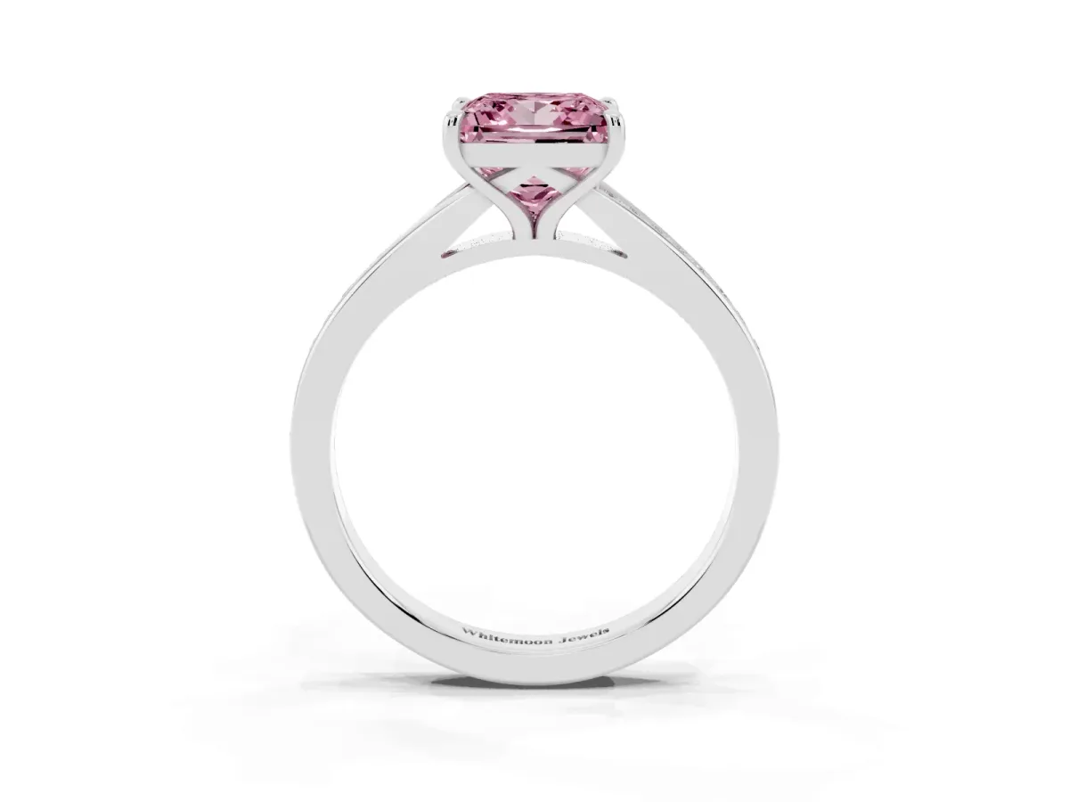 Fancy Pink Princess Cut Diamond Solitaire Ring with Pavé Band and Prong Setting Platinum