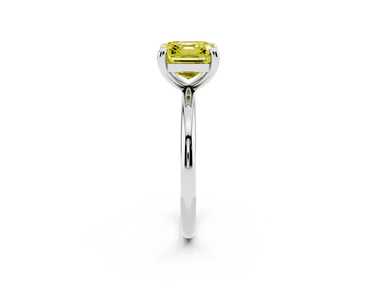 Fancy Yellow Asscher Cut Solitaire Diamond Ring with Four-Prong Setting on a Plain Band Platinum
