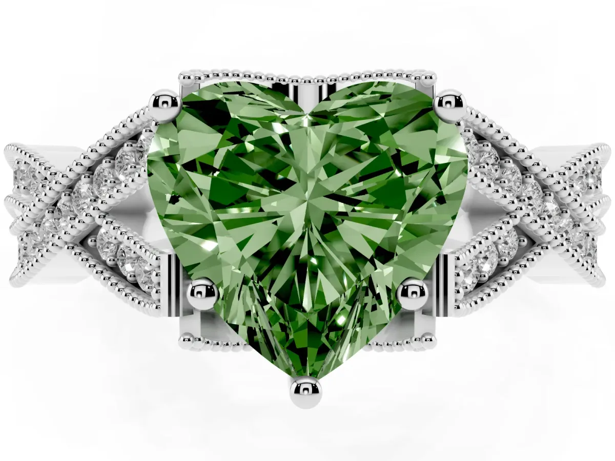 Fancy Green Heart Cut Cut Diamond Twisted Band with Milgrain Pave Setting and Four-Prong Setting White gold