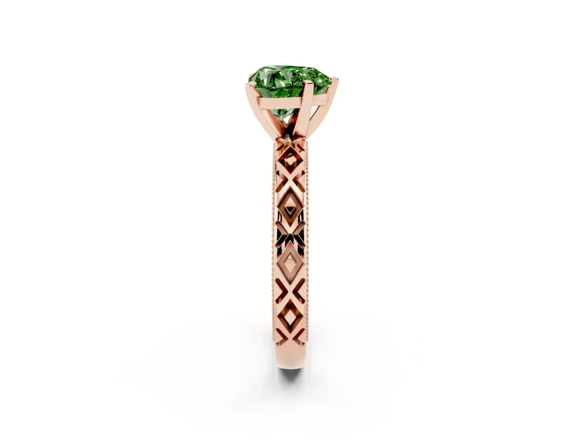 Fancy Green Heart Cut Solitaire Diamond Ring with Milgrain and Black Enamel X Pattern Band Rose gold