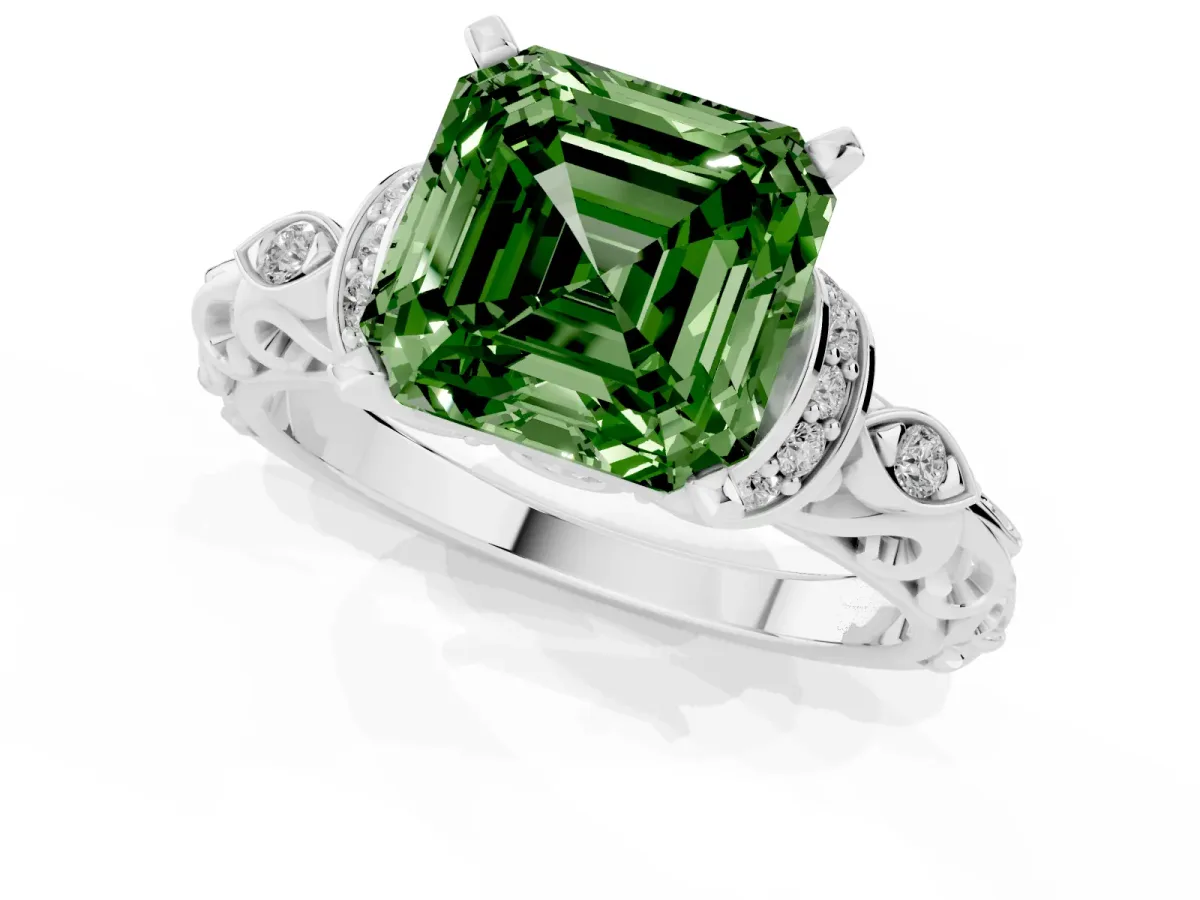 Fancy Green Asscher Cut Diamond Solitaire Ring with Filigree Band and Four-Prong Setting Platinum