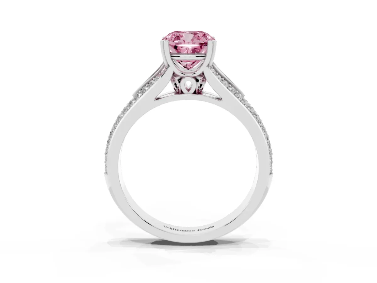 Fancy Pink Cushion Cut Diamond Split Shank Engagement Ring with Pavé Band Silver