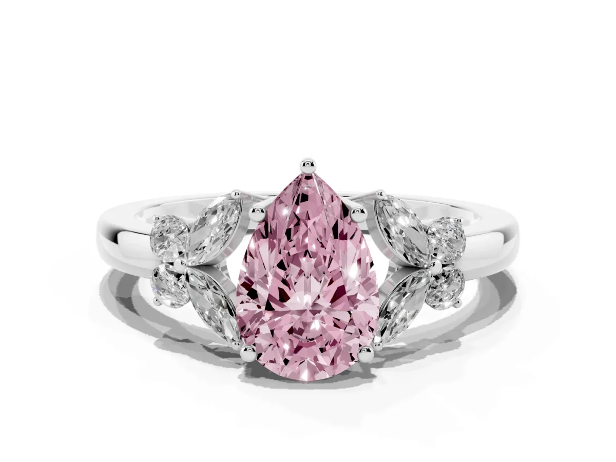 Fancy Pink Pear Cut Cut Solitaire Floral Diamond Ring with Four-Prong Setting Platinum
