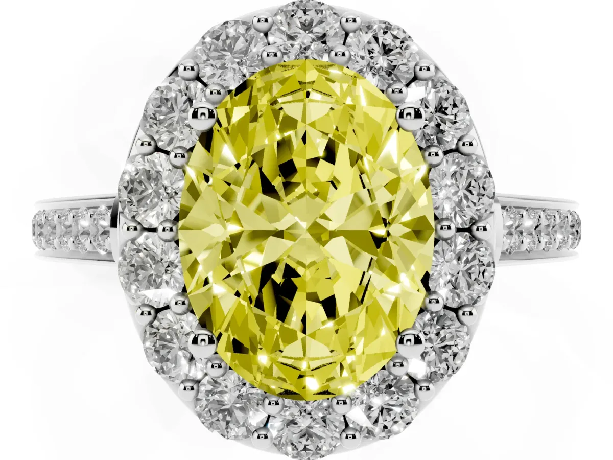 Fancy Yellow Oval Cut Diamond Floral Halo Ring with Pavé Band and Prong Setting White gold