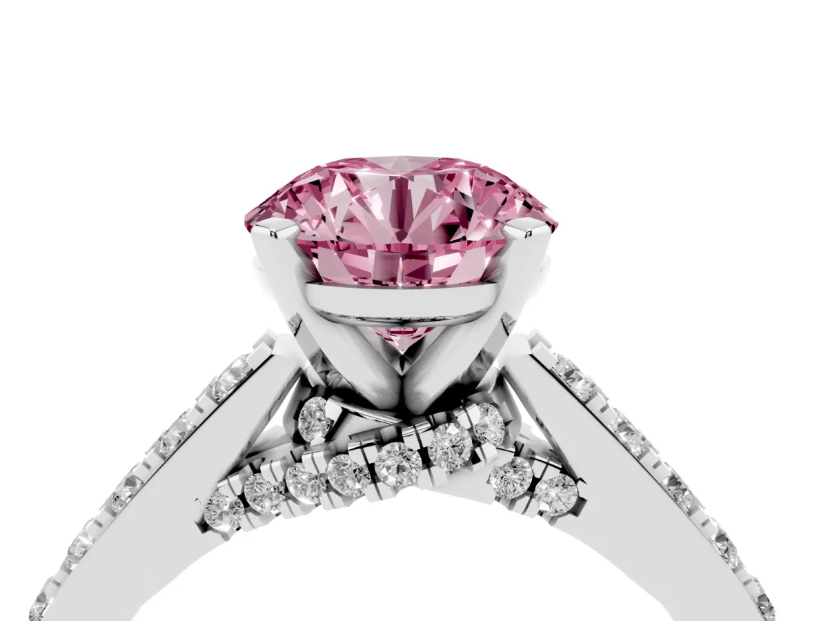 Fancy Pink Round Cut Diamond Solitaire Ring with Crossover Gallery and Round Pavé Band Silver