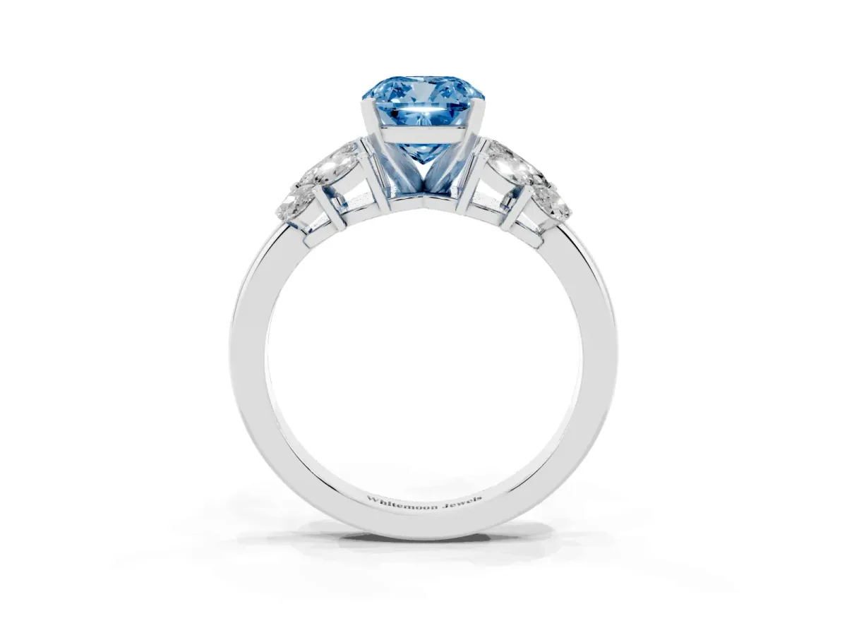 Fancy Blue Cushion Cut Diamond Cluster Leaf Design Ring with Prong Setting Silver