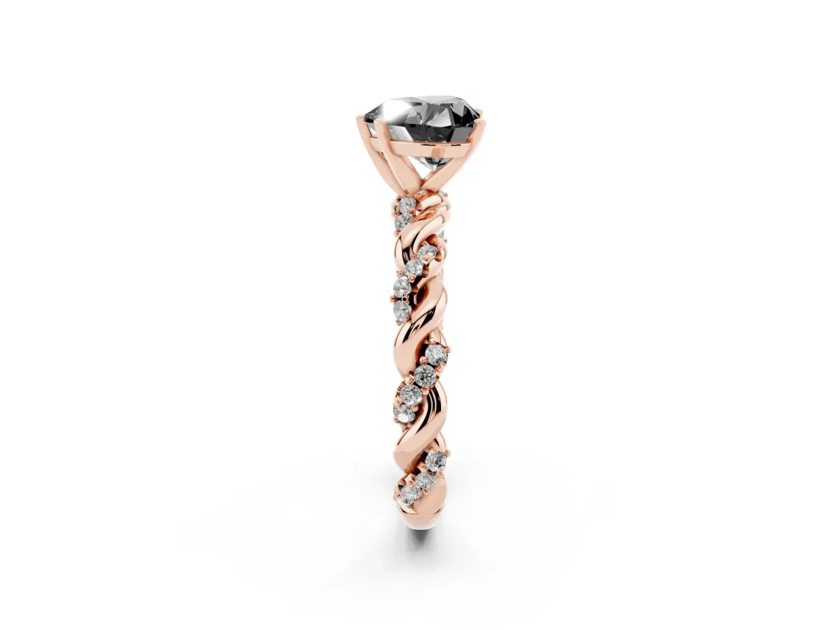 Fancy Black Heart Cut Diamond Solitaire Ring with Twisted Band and Pavé Accents Rose gold