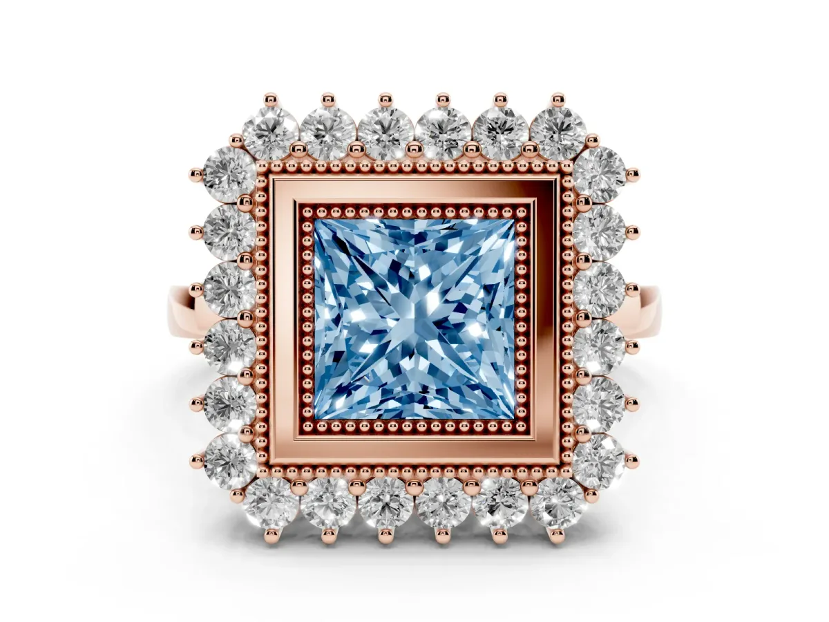 Fancy Blue Princess Cut Halo Diamond Ring with Milgrain Edge and Round Prong Setting Rose gold