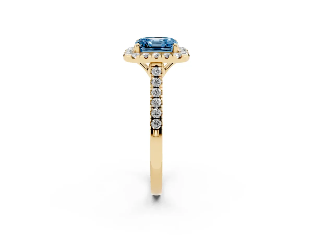 Fancy Blue Asscher Cut Halo Pavé Diamond Engagement Ring with Four-Prong Setting Yellow gold