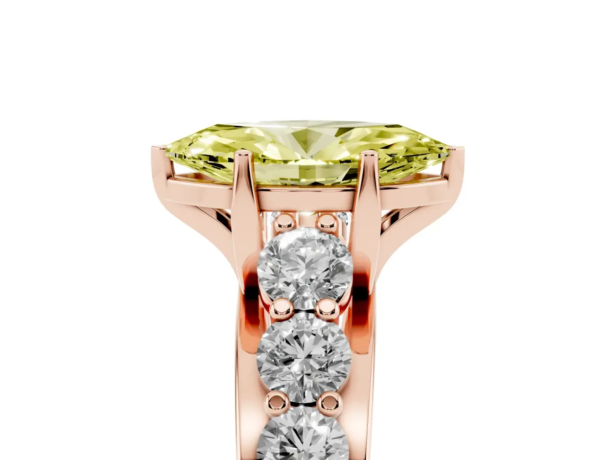 Fancy Yellow Marquise Cut Diamond Engagement Ring with Pavé Band and Four-Prong Setting Rose gold