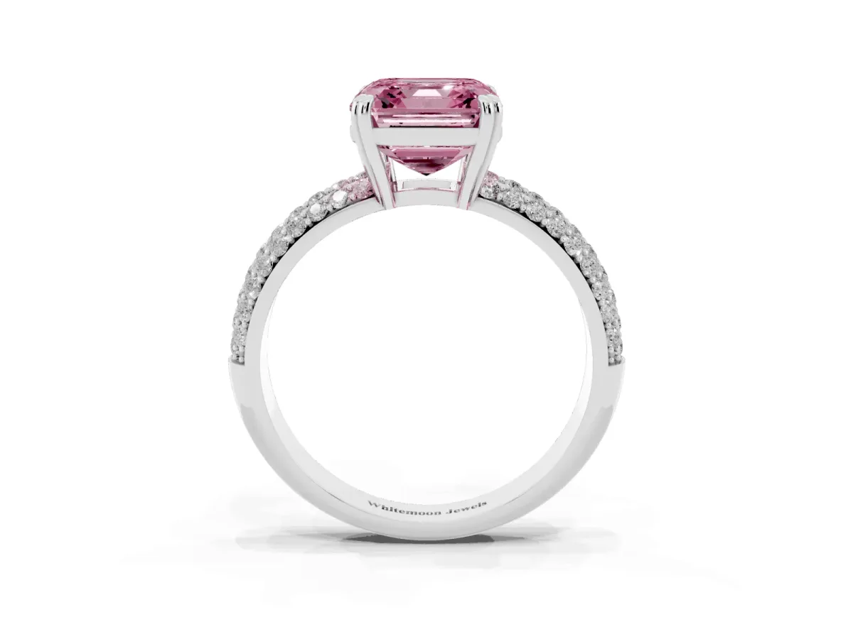 Fancy Pink Asscher Cut Diamond Solitaire Ring with Multi-Row Round Pavé Band and Prong Setting Silver