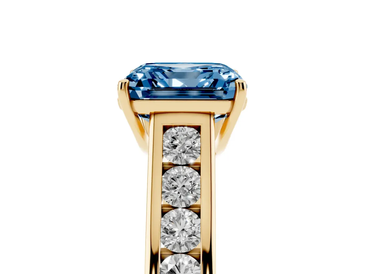 Fancy Blue Asscher Cut Brilliant Channel-Set Solitaire Ring with Four-Prong Setting Yellow gold