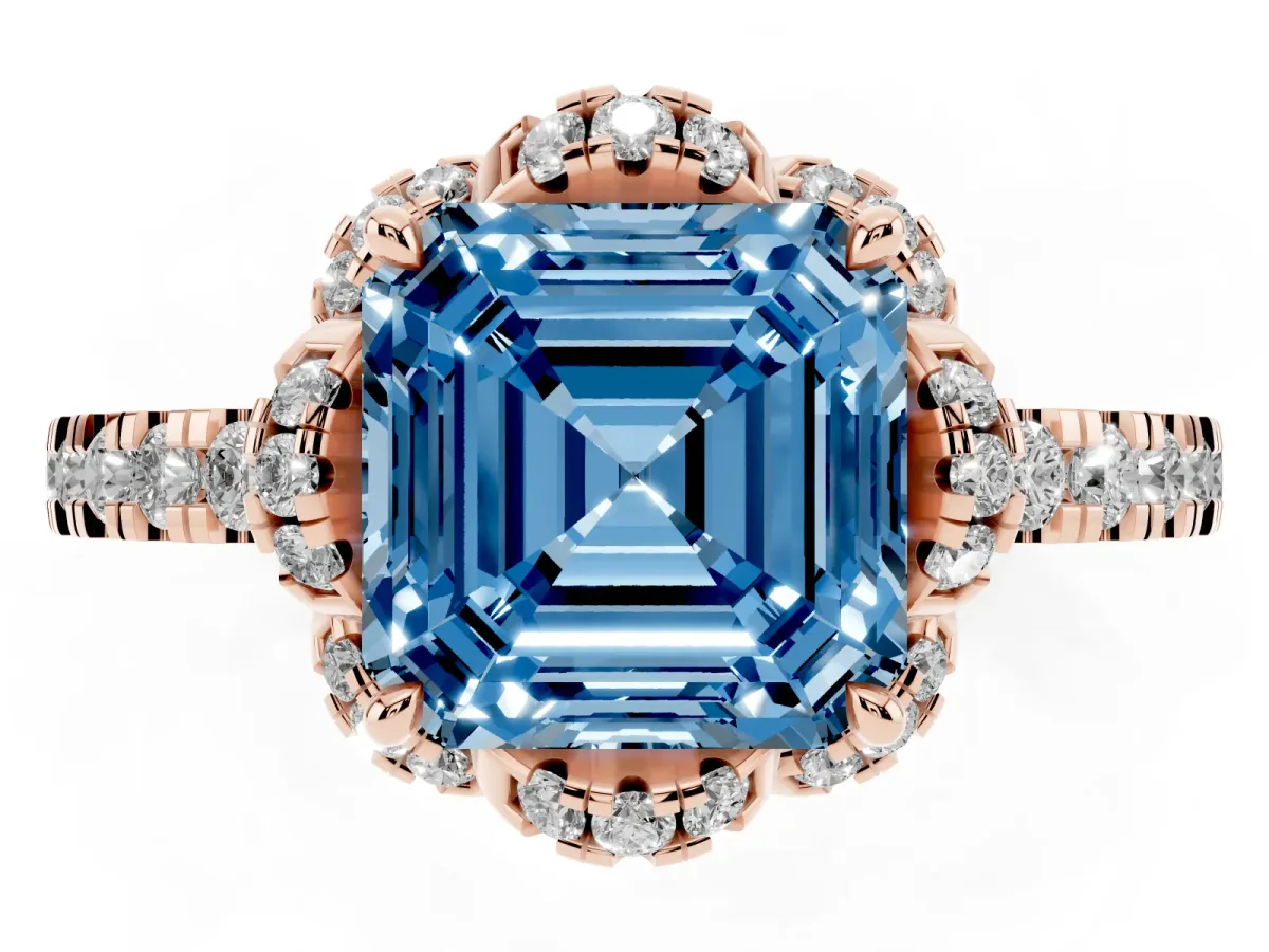 Fancy Blue Asscher Cut Diamond Halo Pave Band with Four-Prong Setting Rose gold