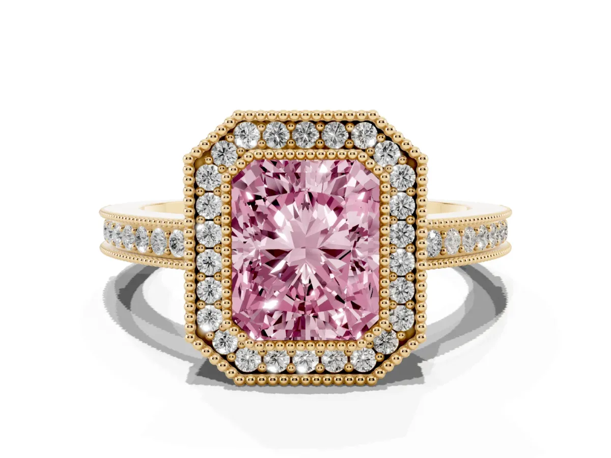Fancy Pink Radiant Cut Cut Halo Diamond Ring with Pavé Band and Milgrain Prong Setting Yellow gold