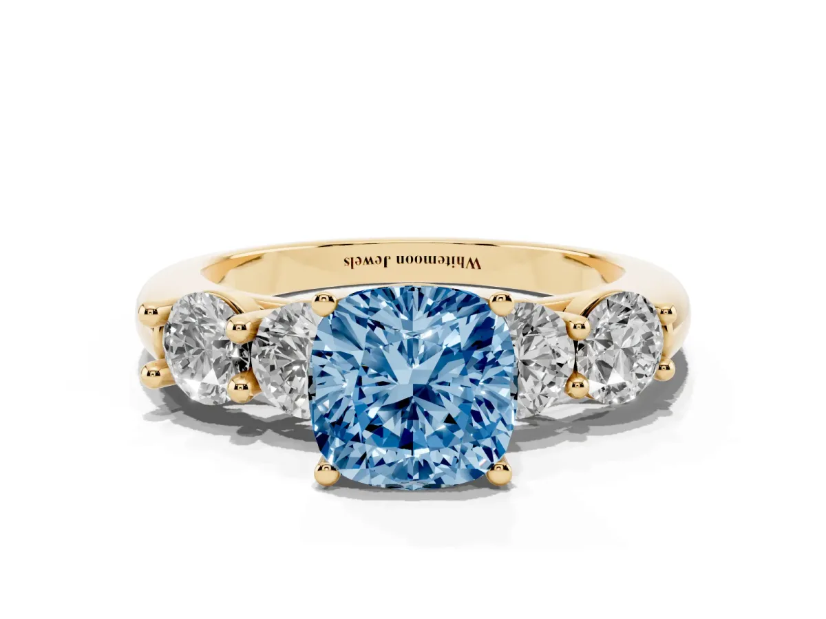 Fancy Blue Cushion Cut Cut Five-Stone Prong Set Diamond Ring with Classic Band Yellow gold