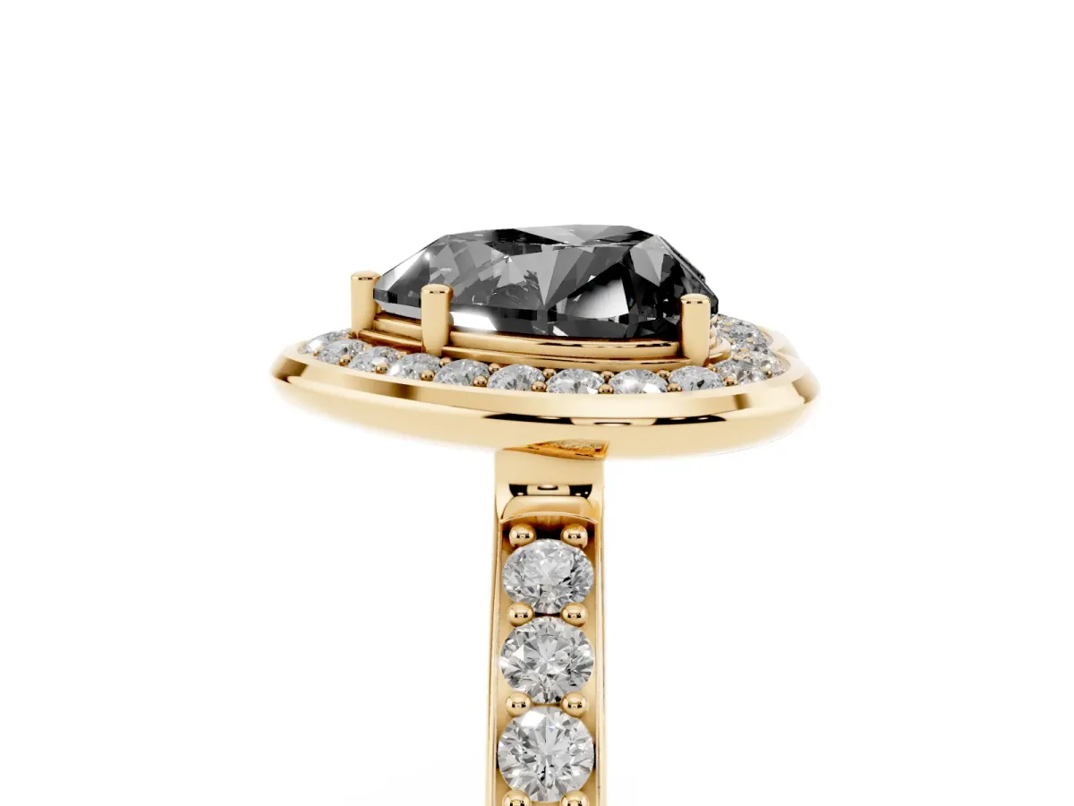 Fancy Black Heart Cut Diamond Halo Ring with Bezel Frame and Pavé Band Yellow gold