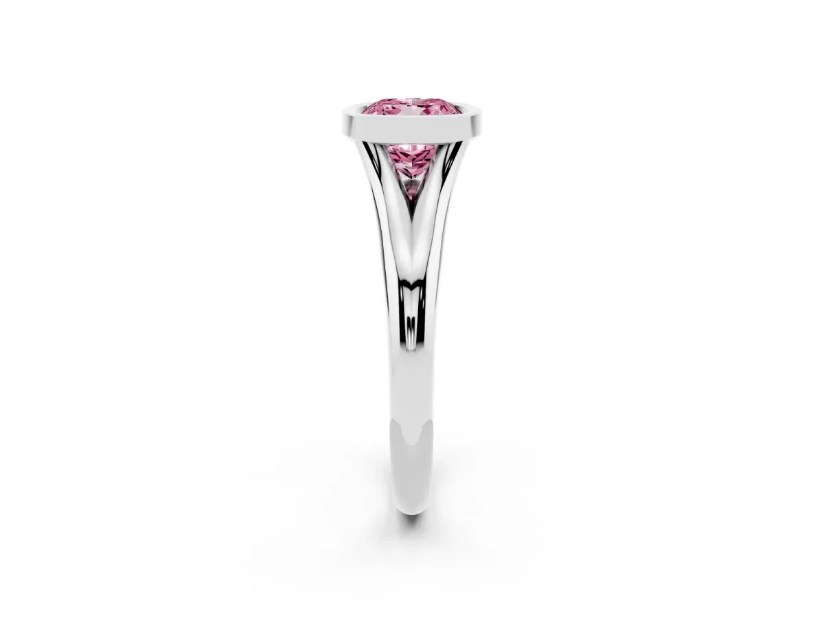 Fancy Pink Bezel Set Cushion Cut Solitaire Diamond Ring with Smooth Band Platinum