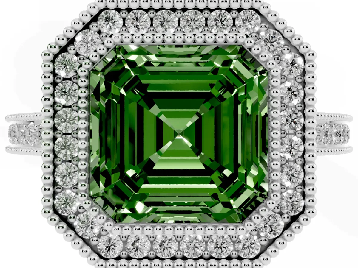 Fancy Green Asscher Cut Cut Halo Diamond Ring with Pavé Band and Milgrain Prong Setting Silver