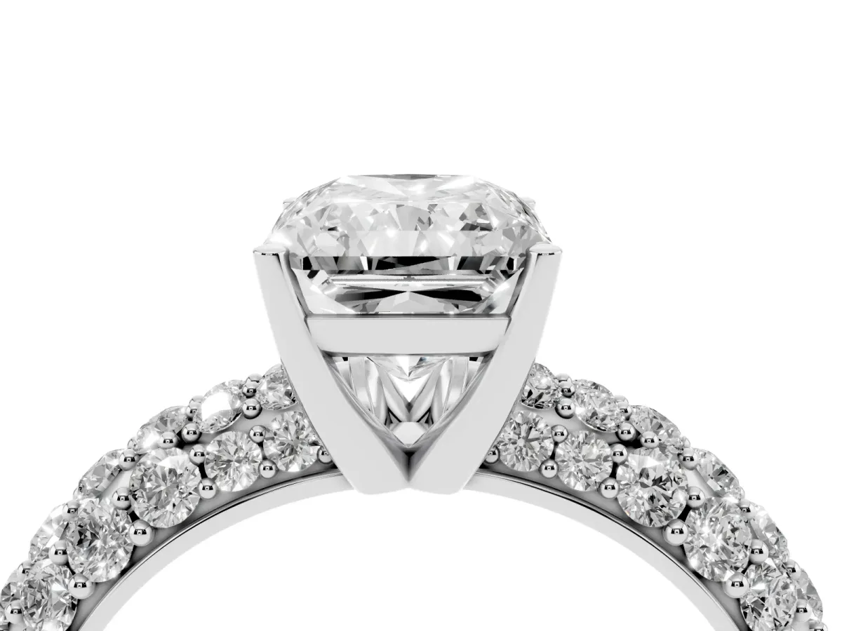 Radiant Cut Diamond Pavé Band Solitaire Ring with Four-Prong Setting Silver