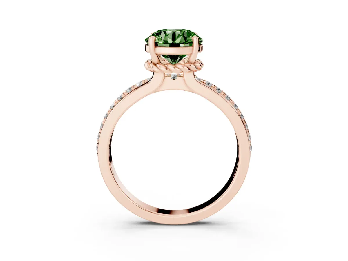 Fancy Green Round Cut Solitaire Diamond Ring with Channel Set Band and Six-Prong Setting Rose gold