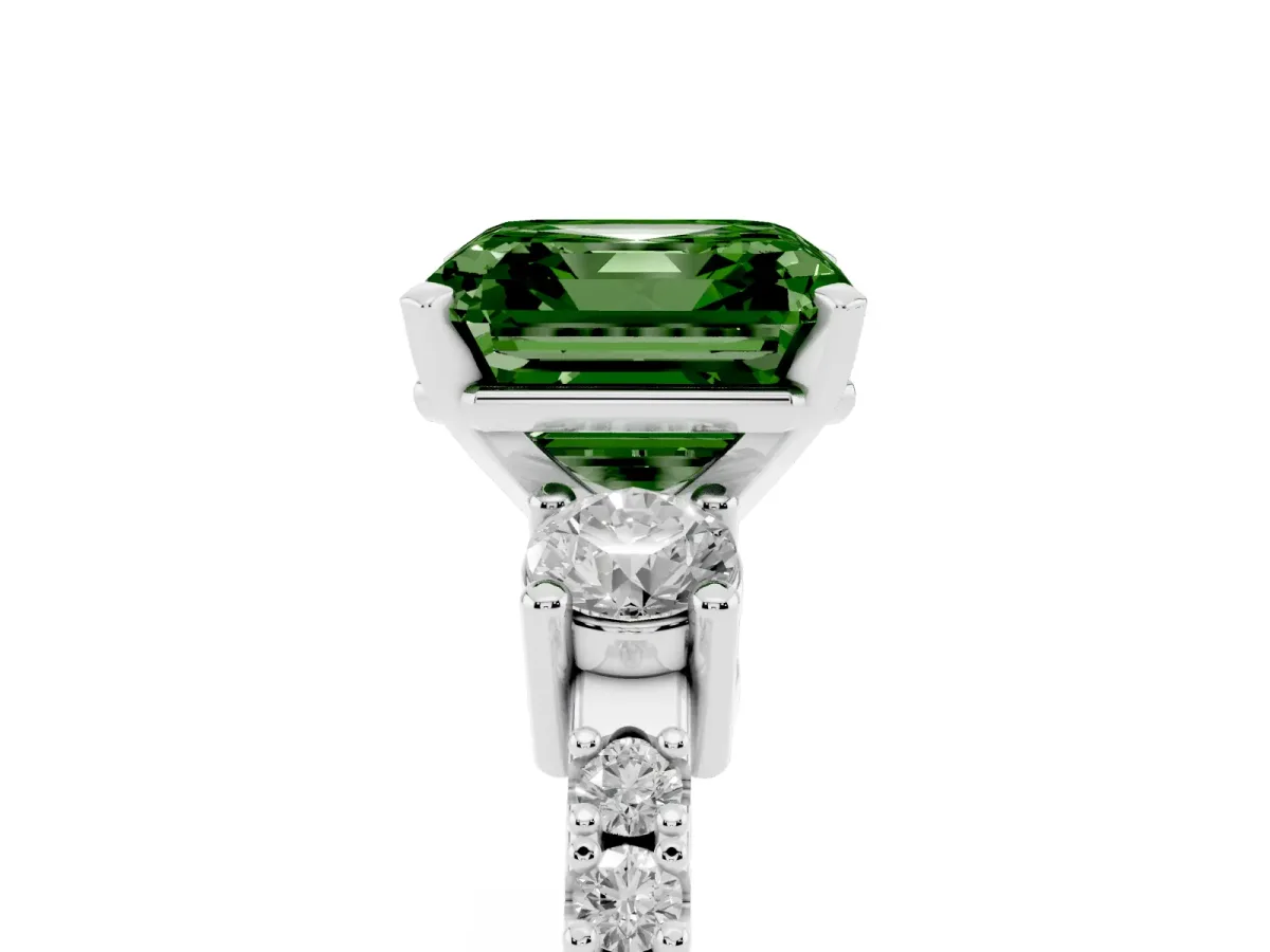 Fancy Green Asscher Cut Three-Stone Diamond Pavé Band with Prong Setting Silver