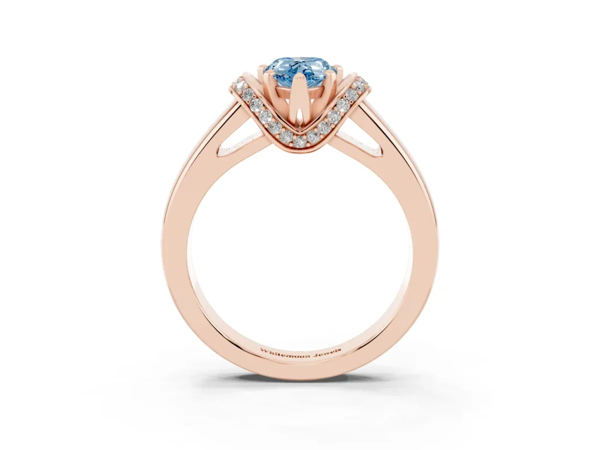 Fancy Blue Pear Cut Solitaire Diamond Ring with Pave Band and Six-Prong Setting Rose gold
