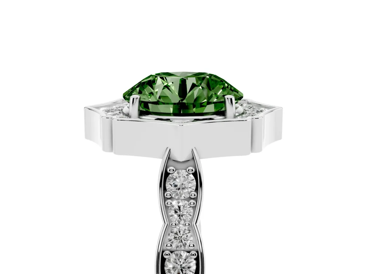 Fancy Green Round Cut Halo Diamond Engagement Ring with Milgrain Band and Four-Prong Setting Silver