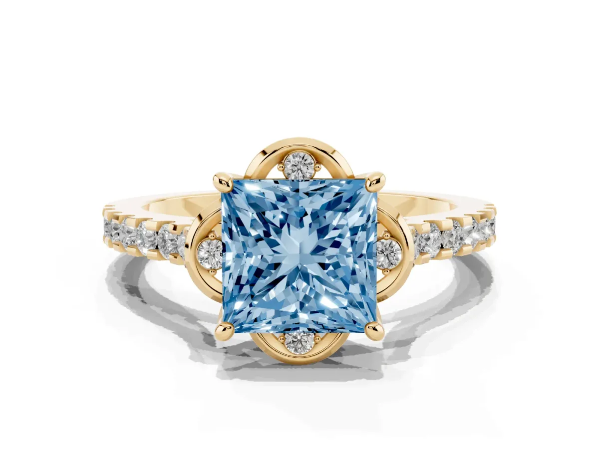 Fancy Blue Princess Cut Diamond Ring with Pavé Band and Floral Prong Setting Yellow gold
