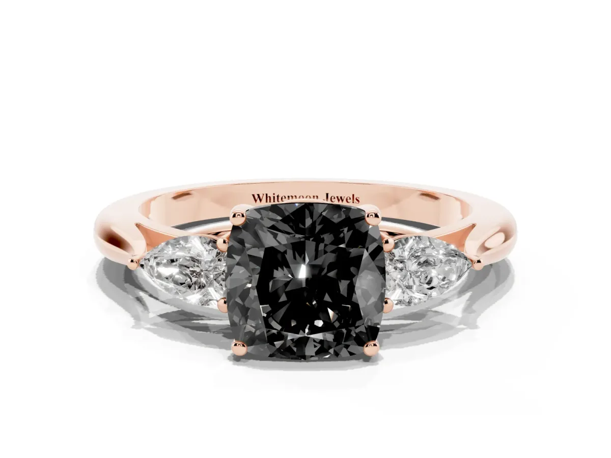 Fancy Black Three-Stone Cushion Cut Brilliant Diamond Solitaire Ring with Tapered Band and Four-Prong Setting Rose gold
