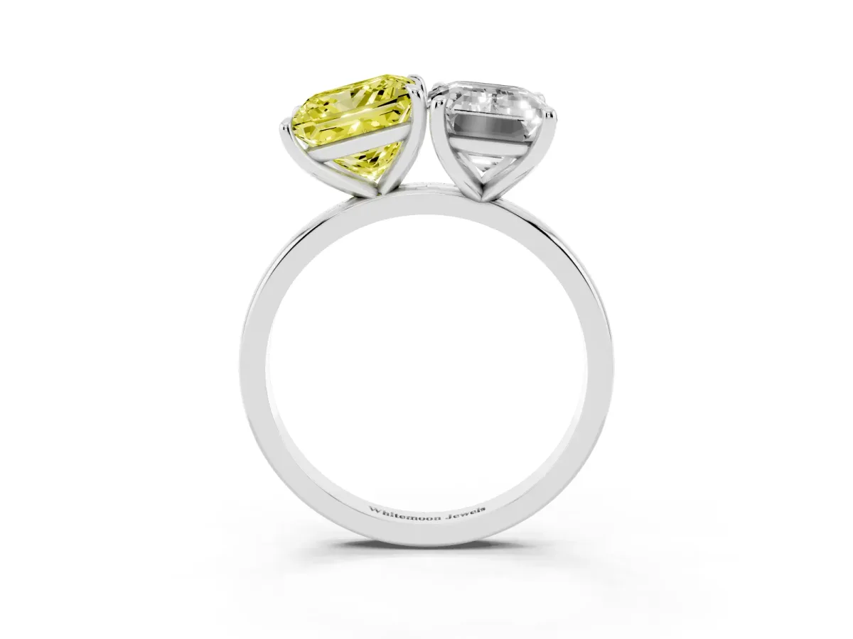 Fancy Yellow Princess Cut and Emerald Cut Toi Moi Ring with Prong Setting Silver