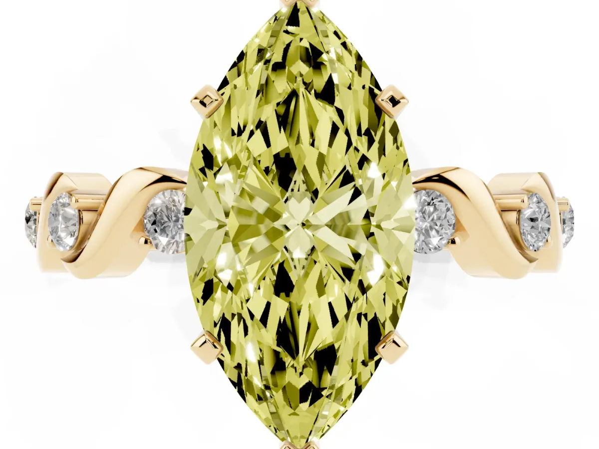 Fancy Yellow Marquise Cut Diamond Solitaire Twisted Band with Round Accents and Prong Setting Yellow gold
