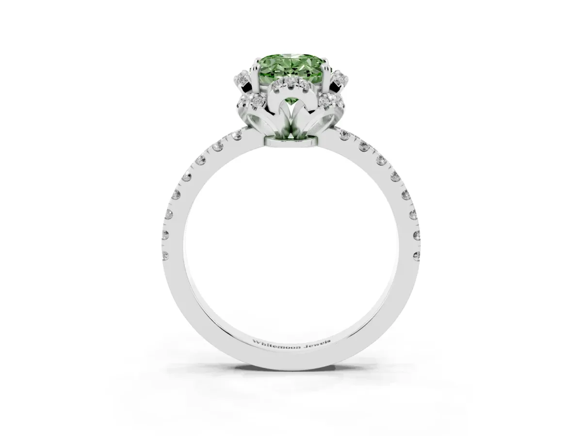 Fancy Green Oval Cut Diamond Halo Pave Band with Four-Prong Setting Platinum