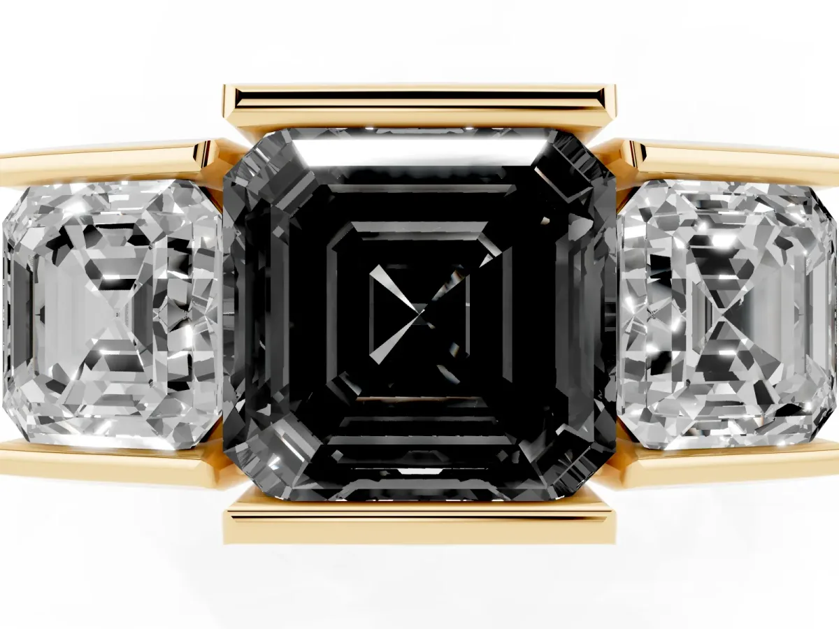 Fancy Black Three Stone Asscher Cut Cut Channel Set Diamond Ring Yellow gold