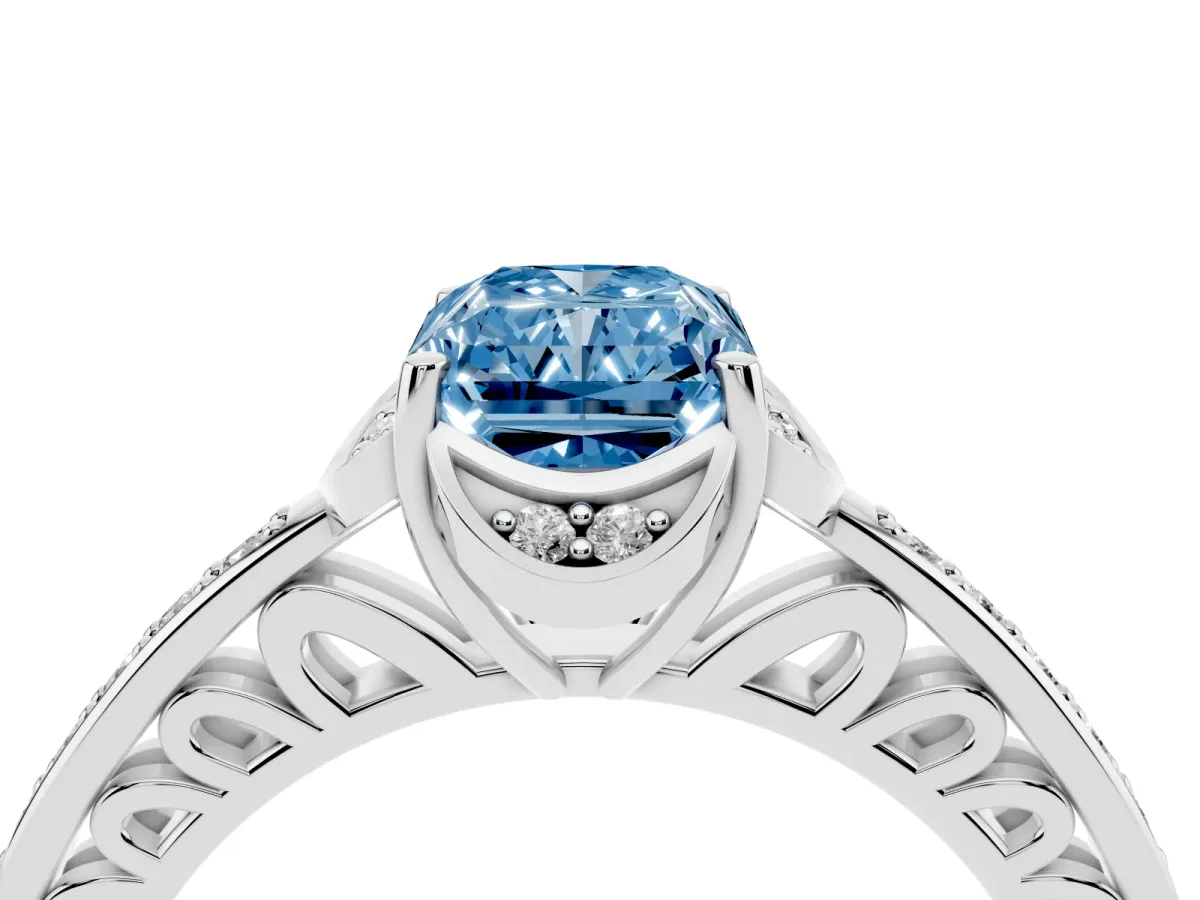 Fancy Blue Radiant Cut Cut Halo Diamond Ring with Channel Set Band and Four-Prong Setting White gold