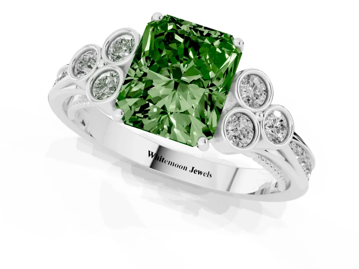 Fancy Green Radiant Cut Cut Diamond Engagement Ring with Bezel Set Round Side Stones and Prong Setting Silver