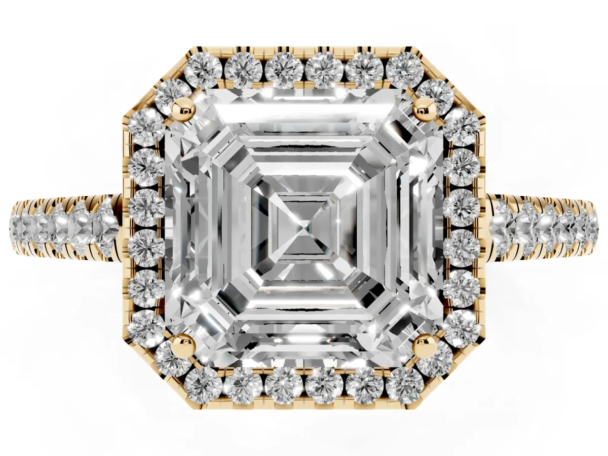 Asscher Cut Halo Pave Diamond Engagement Ring with Four-Prong Setting Yellow gold